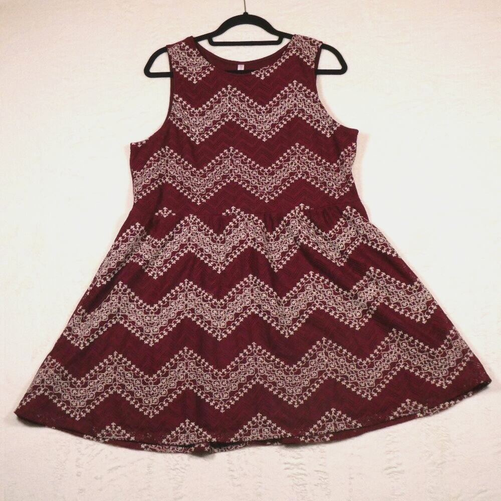Xhilaration Burgundy & Lace Fit Flare Chevron Skater Dress Size XL Holiday Lace